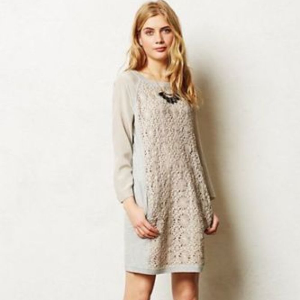 Anthropologie Lace Overlay Dress - Cream and Gray
